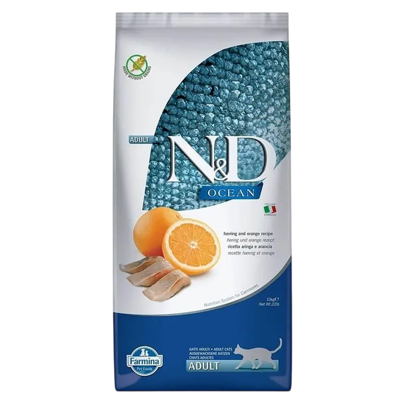 N&D Tahılsız Ocean Kuru Kedi Maması, Ringa Balığı ve Portakallı, Yetişkin | %100 Orijinal & SKT Garantili