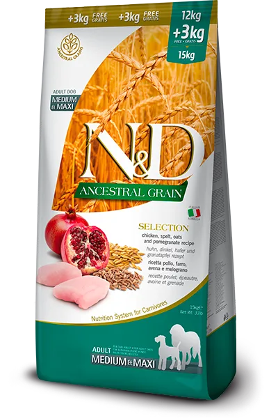 N&D Düşük Tahıllı Tavuk, Kılçıksız Buğday, Yulaf & Nar Adult Medium & Maxi Köpek Maması | %100 Orijinal & SKT Garantili