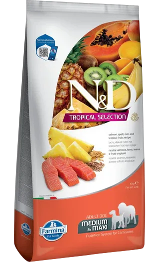 N&D Düşük Tahıllı Somon, Kılçıksız Buğday, Yulaf & Tropikal Meyveler Adult Medium & Maxi Köpek Maması | %100 Orijinal & SKT Garantili