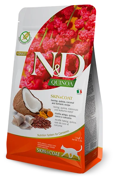 N&D Quinoa Skin & Coat Ringa Balığı, Kinoa, Hindistan Cevizi ve Zerdeçallı Yetişkin Kedi Maması | %100 Orijinal & SKT Garantili