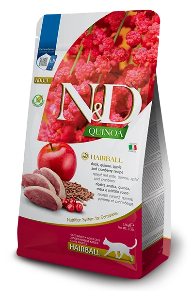 N&D Quinoa Hairball Ördek Eti, Kinoa, Elma ve Kızılcıklı Yetişkin Kedi Maması | %100 Orijinal & SKT Garantili