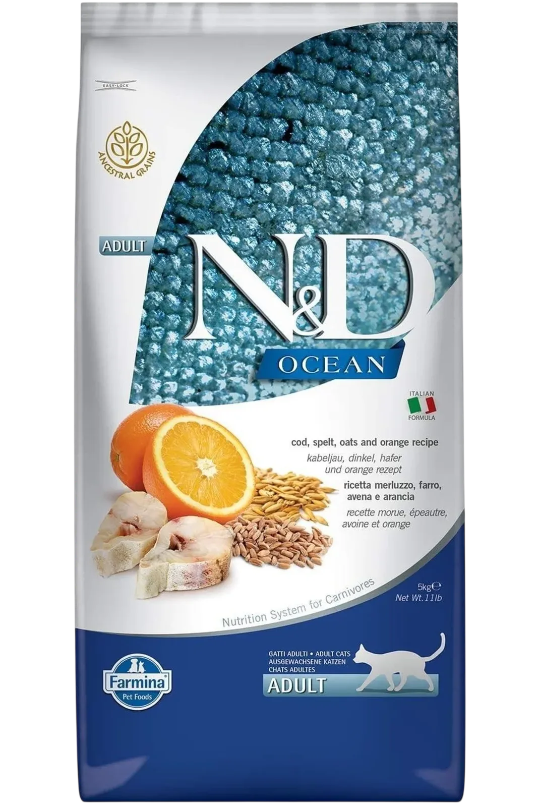 N&D Düşük Tahıllı Ocean Morina Balığı, Kılçıksız Buğday, Yulaf & Portakal Yetişkin Kedi Maması | %100 Orijinal & SKT Garantili