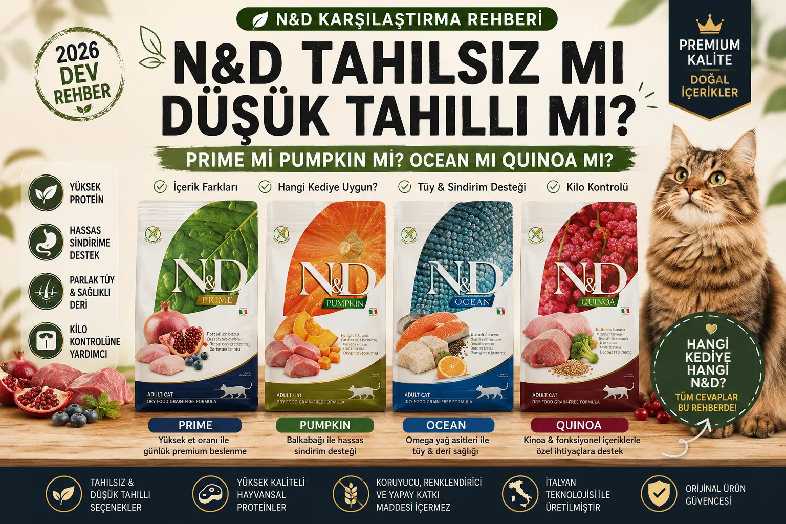 N&D Tahılsız mı Düşük Tahıllı mı? Prime mi Pumpkin mı? Ocean mı Quinoa mı? [2026 DEV Karşılaştırma Rehberi]