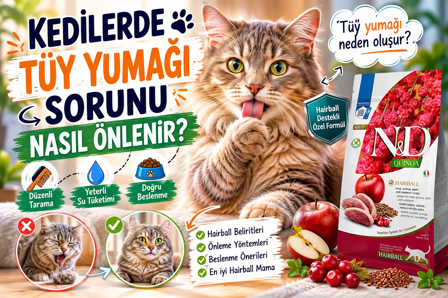 Kedilerde Tüy Yumağı Sorunu Nasıl Önlenir? Hairball Hakkında Bilmeniz Gereken Her Şey [2026 Rehberi]