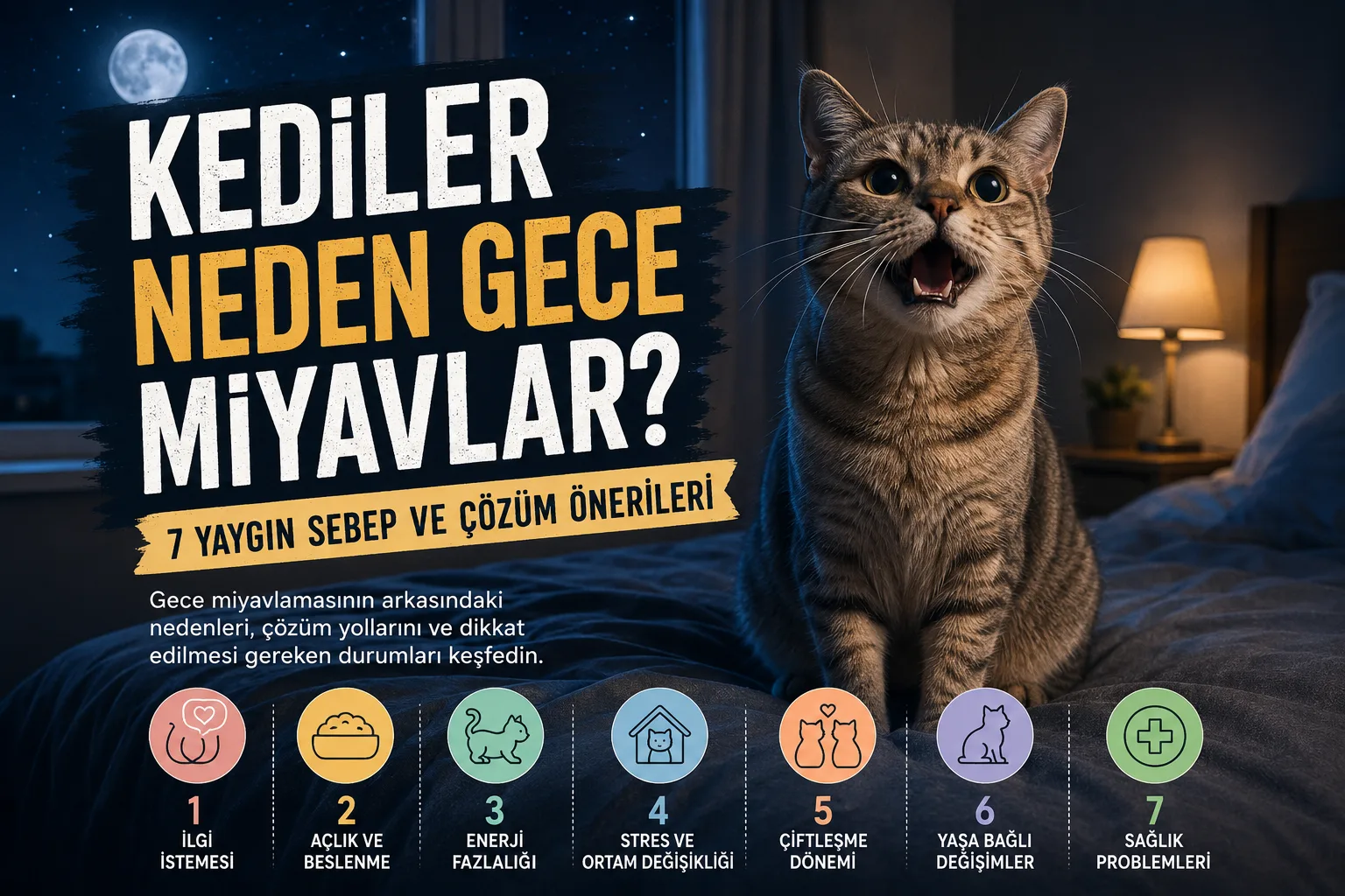 Kediler Neden Gece Miyavlar? 7 Yaygın Sebep ve Çözüm Önerileri