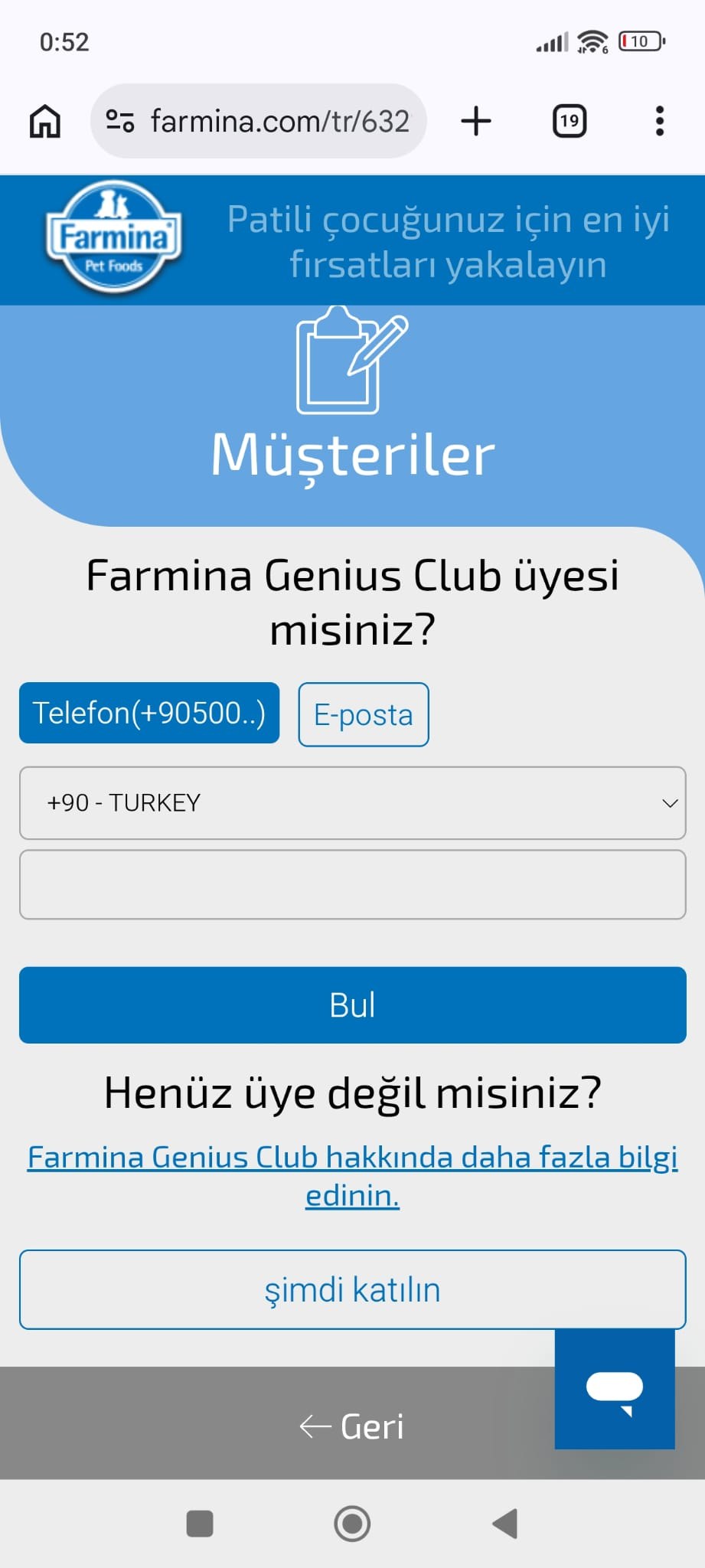 Farmina Genius müşteri bul ekranı